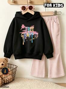 Girls Graffiti Dripping Paint Letter Print Hoodie, Casual Long Sleeve Hooded Pullover - Black - View 10