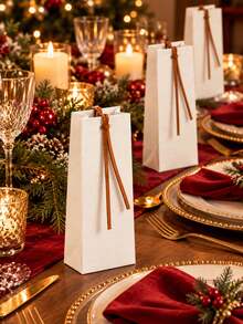 50/20pcs Portable Kraft Paper Gift Bags With Leather Ribbon Handles, Suitable For Wine Bottles, Party Favors, Weddings, Birthdays, Holiday Gift Packaging Decoration, Aesthetic Shopping Bags - Multicolor - View 3