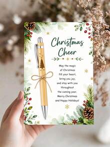 3pcs/Set, Exquisite Wooden Ballpoint Pen With Christmas Card, Depicting A Wooden Pen With Rope And Watercolor Pine Tree, Greeting Card With "Christmas Cheer" Text, Suitable For Colleagues Or Friends - Greeting Card and Pen Set - View 3