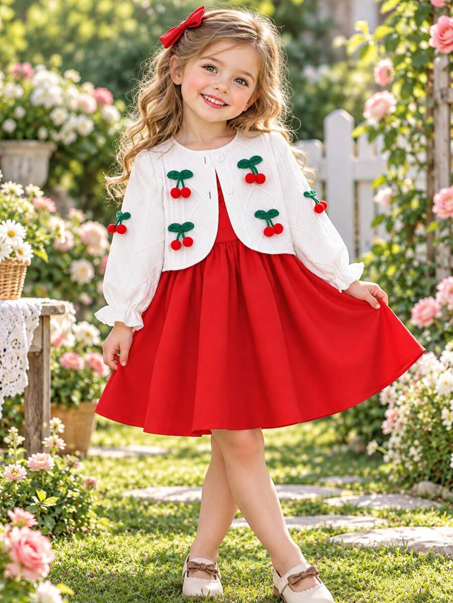 Girls' 3D Cherry Applique Dress Set, Red A-Line Skirt With White Textured Puff Sleeve Cardigan And Bow Headband - Red and White - View 1