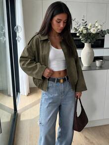 Women's Casual Solid Color Front Zipper Pocket Jacket, Single-Breasted Loose Fit Short Jacket With Metal Buttons, Spring/Autumn Style, Military Brown And Army Green - Green - View 1