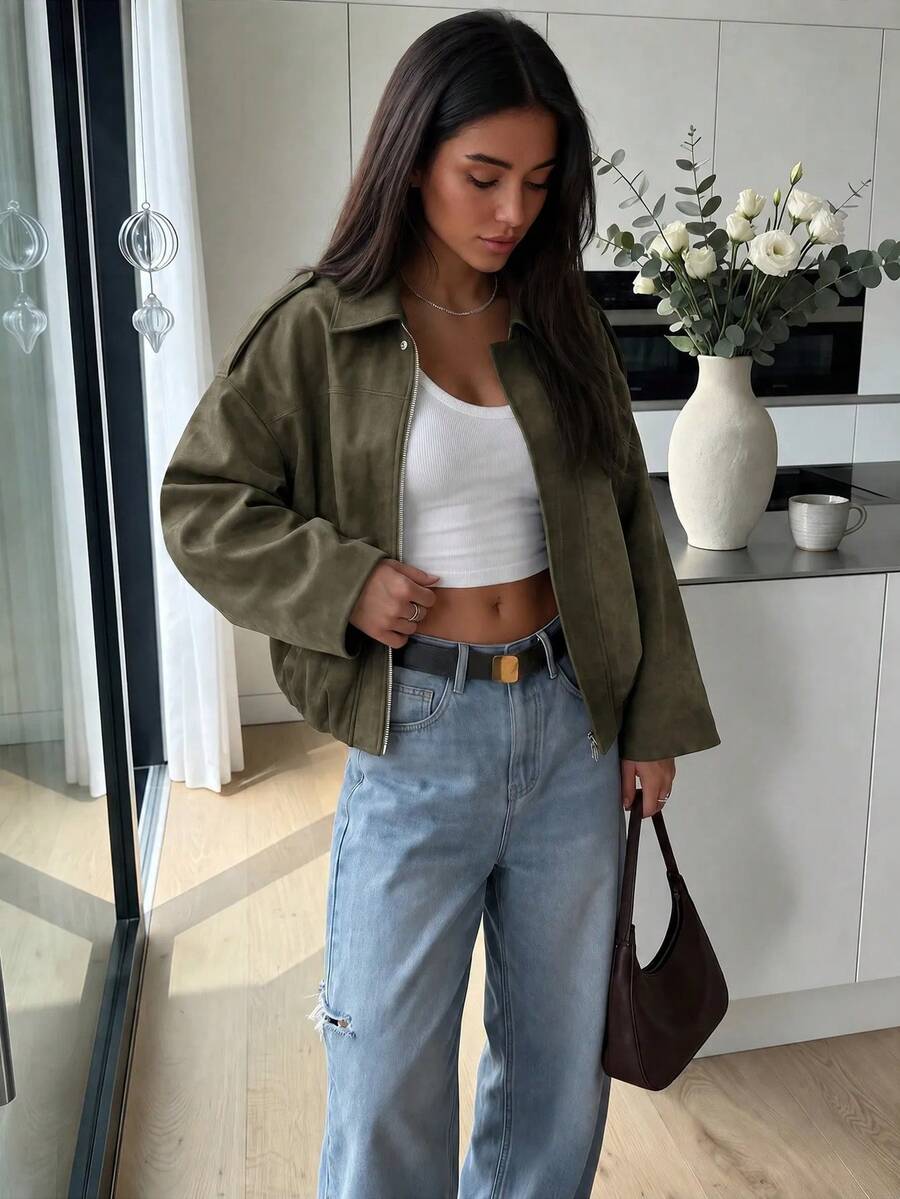 Women's Casual Solid Color Front Zipper Pocket Jacket, Single-Breasted Loose Fit Short Jacket With Metal Buttons, Spring/Autumn Style, Military Brown And Army Green - Green - View 1