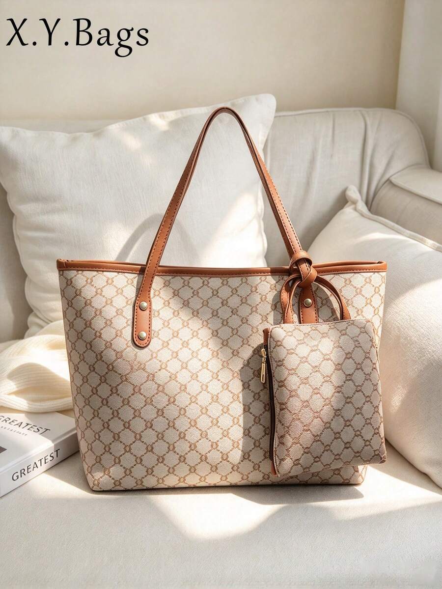 X.Y. Bags 女款白色幾何字母托特包，皮革手柄附迷你小包，日常通勤購物手提包
