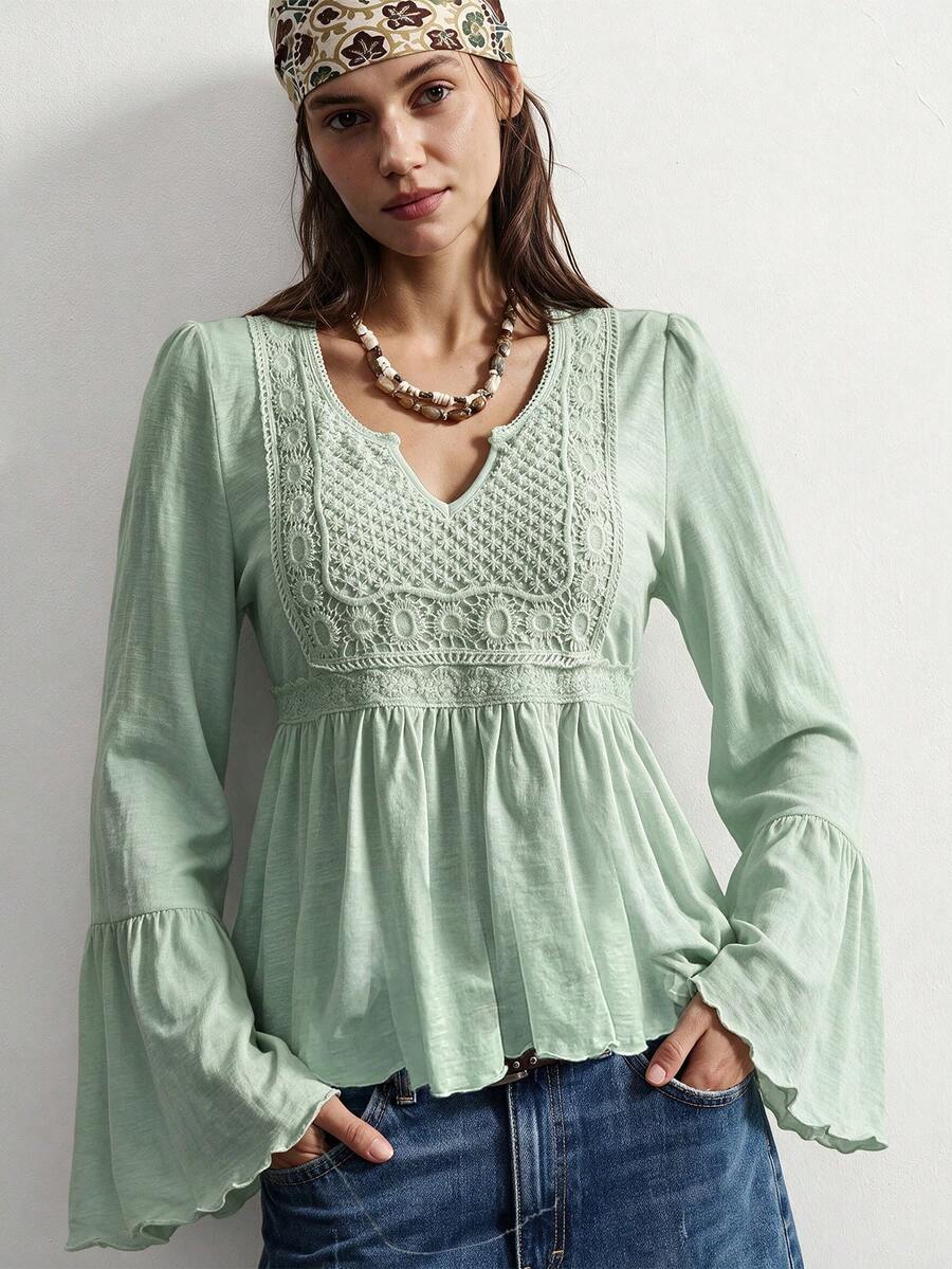Rusttydustty Green Pure Cotton Casual Vacation Bell Sleeve Top, Suitable For Bohemian Style, Daily Wear, Autumn, Halloween - Green - View 1