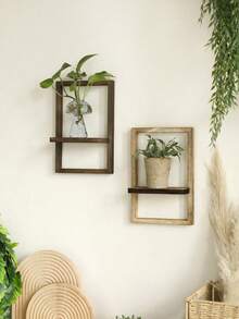 1pc Wall-Mounted Floating Rectangular Frame Display Shelf, Vintage Distressed Dark Tone Multi-Functional Storage Tray For Flower Pots, Decor, Bedroom, Living Room Wall Decoration - Multicolor a - View 2