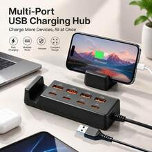 8-In-1 Desktop Charging Station USB Hub With Phone Holder (4 USB Ports + 4 Type-C Ports), Supports PD Fast Charging And Data Sync, Suitable For Laptops - Black - View 2
