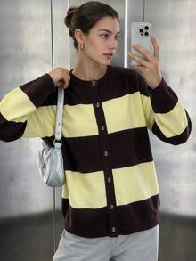 Áo cardigan len dệt kim cổ tròn kẻ sọc nữ, phối màu nâu & vàng, cài cúc, dáng rộng, áo khoác len - Nhiều màu - Xem 1