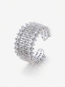 Sorayune 1pc Personalized Hollow Copper Micro-Inlaid Luxurious Floral Lace-Inspired Open Ring, Multi-Color Options - Silver - View 5