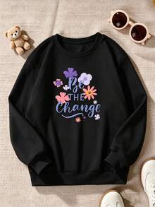 Girls' Cute Printed Drop-Shoulder Round-Neck Long-Sleeve Casual Sports Sweatshirt - Black - View 3