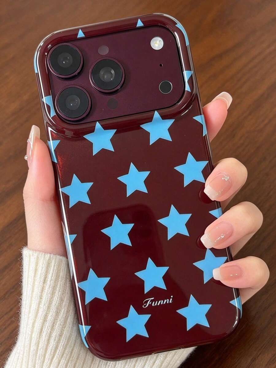 1pc Glossy Burgundy Phone Case With Blue Star Pattern, Full Lens Drop & Scratch Resistant Protective Cover, For Daily Commute & Outdoor Use, Perfect Birthday & Holiday Gift, Compatible With IPhone11 12 13 14 15 16 17 18 Pro Max - Multicolor - View 1