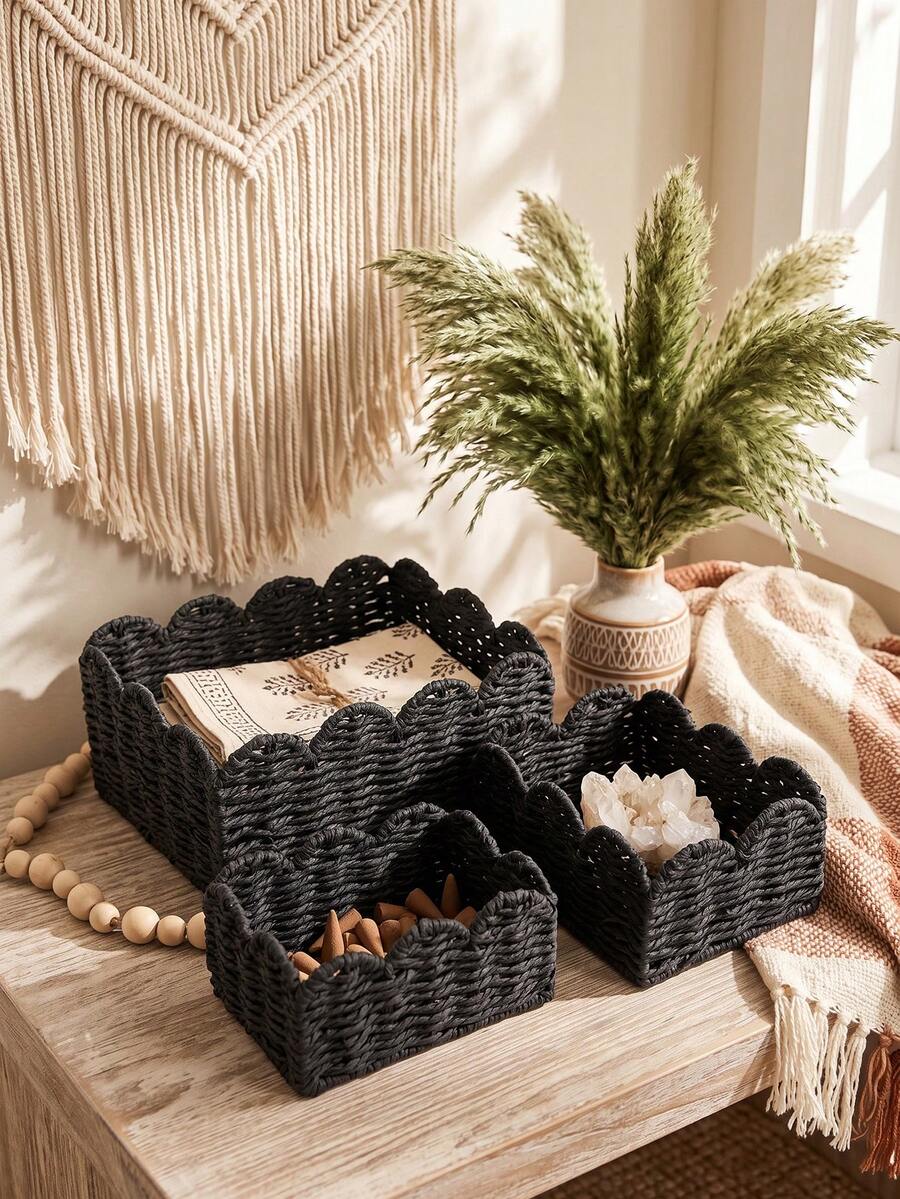 1Pc/3Pcs Paper Woven Lidded Storage Basket, Desktop Organizer Box For Cosmetics, Keys & Sundries, Multi-Scene Household Storage Bin To Organize Space, For Kitchen, Bedroom, Bathroom, Dorm, Office Desk, Winter Home Decor, Rustic Style, Ideal Gift