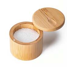 1 Set Bamboo Salt And Seasoning Container With Magnetic Rotating Lid And Spoon, Bamboo Storage Box For Pepper, Table Salt, Seasoning And Sugar, 6oz Capacity - Multicolor - View 2