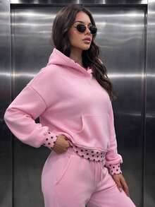 Women's Casual Fleece Lined Polka Dot Print Rib-Knit Pockets Oversized Long Sleeve Hoodies For Daily Wear,Winter Fall Clothes,Fall Winter Outfit - Pink - View 6