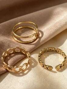 3pcs/Set Vintage Stainless Steel Minimalist Gold Plated Hollow Geometric Line Design Open Rings,Adjustable Stackable Ring Set For Women's Daily Wear - 3-piece Hollow-out Set - View 7