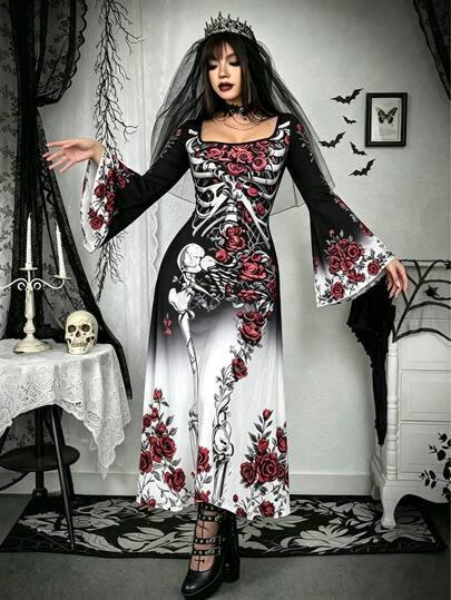 Gothic Skull Rose Long Dress, Bell Sleeve Lace Trim Knit Dress, Witch Style Halloween Costume