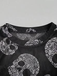 American Halloween Cowgirl Cute Ghost Pumpkin Floral Print Sheer Mesh Fitted Slimming Long Sleeve Western Rodeo Top - Multicolor - View 5