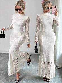 Unadoll Women Fall Winter Cream Lace Mermaid Midi Dress Mock Neck Flare Long Sleeve Bodycon Party Dress For Dating Cocktail Gathering - White - View 1