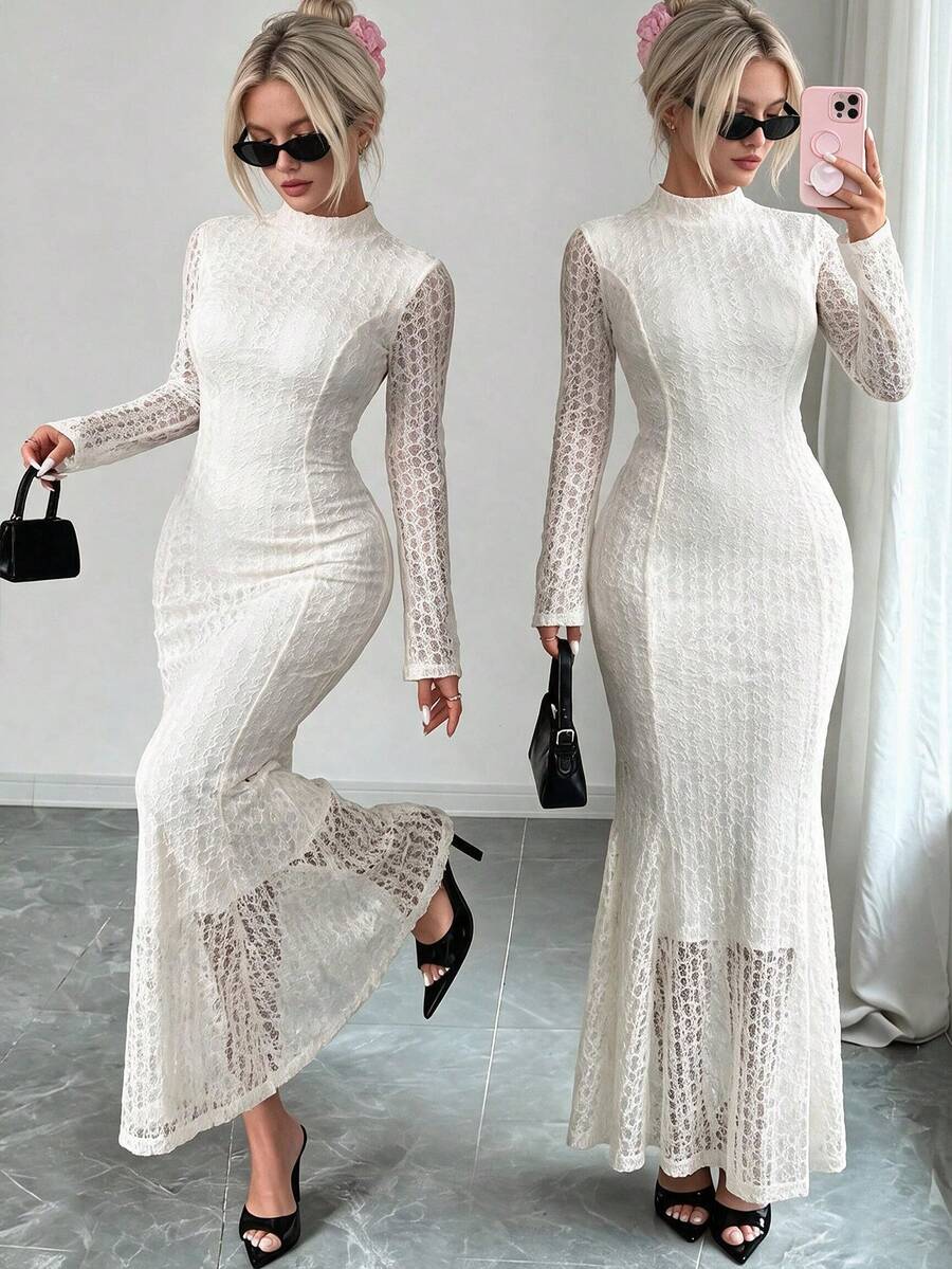 Unadoll Women Fall Winter Cream Lace Mermaid Midi Dress Mock Neck Flare Long Sleeve Bodycon Party Dress For Dating Cocktail Gathering - White - View 1
