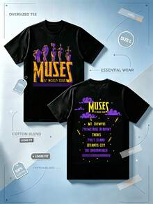 Hercules Muses Oversized T-Shirt With Double-Sided Print, Casual & Festival, Retro Style - Black - View 2