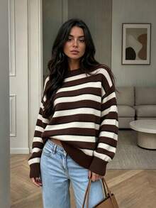 Women's New Autumn/Winter Striped Round Neck Long Sleeve Knit Top For Commuting And Daily Wear - Khaki With White - View 5