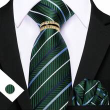 Men's Green Striped Tie Pocket Square Cufflinks Ring 4Pcs Set, Cufflinks Random Pattern, Wedding Business Suit Accessories - Green - View 2