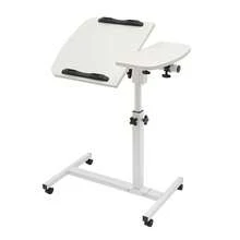 OUKANING Height Adjustable Rolling Laptop Desk With Lockable Wheels, Tilting Split Tabletop MDF Computer Stand For Bed Sofa, White - A - View 6
