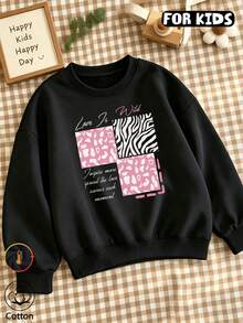 Girls Pink Leopard Zebra Patchwork Slogan Sweatshirt, Casual Crew Neck Pullover - Black - View 11