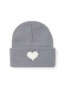 1pc Winter Fashion Rhinestone & Bead Kids Versatile Knitted Hat, Heart-Shaped Design, Warm Woolen Beanie With Ear Flaps For Boys & Girls Baby Daily Wear - 1PC - View 4