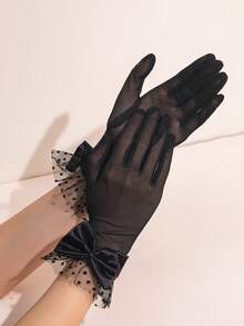 1 Pair Floral Hollow Lace Fingerless Gloves, Ruffle Edge Lace Gloves, Gothic Sweet Cool Style Accessory Gloves - Black - View 14