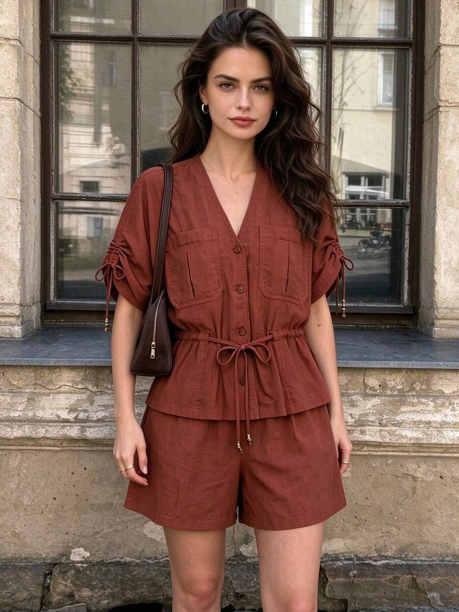 Seelio Summer New Women's European And American Style Fashion Minimalist Versatile Beaded Short Sleeve Jacket - Red - View 1