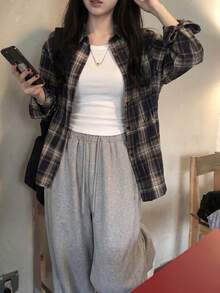 Korean Style Versatile Retro Plaid Long Sleeve Shirt - Grey - View 5