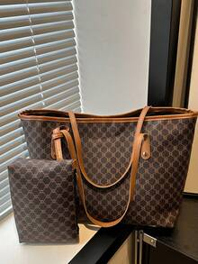 X.Y. Bags 女款咖啡棕幾何字母托特包，配皮革手柄與迷你小包，日常通勤購物手提包 - 咖啡 - 查看 10