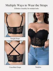 mimilemon Plus Size Floral Lace Bra, Underwire Push-Up Support, Detachable Straps, Comfortable Breathable Women's Lingerie - Black - View 2