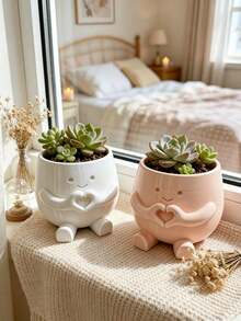 Mini Cute Expression Succulent Plant Pot, With Heart-Shaped Hand Plastic Succulent Planter, 6cm/2.4in Small Flower Pot, Suitable For Desk, Office, Shelf And Home Decor, White, Gray - A - View 3