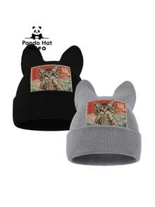 MLFO Unisex 2-In-1 Cat Ear Knit Beanie, Vintage Japanese Ramen Cat Pattern Printed Hat, Fashion Accessory, Suitable For Halloween, Christmas, Daily Outdoor Gatherings - Kitten Eating Noodles - View 10