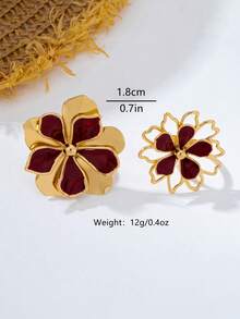1pc/2pcs Vintage Double Layer Gilded Enamel Petal Flower Ring, Suitable For Women's Evening Party And Daily Wear - Burgundy - View 2