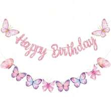 Butterfly Birthday Decoration – 2 Pieces Set: "Happy Birthday" Garland/Banner For Girls, Kids, Women, And Adults - Multiple Styles - View 11