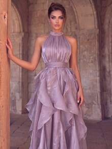 Gaun Maxi Wanita Mewah dari Organza dengan Leher Halter, Hem Berumbai, dan Tali Pengikat di Belakang, Cocok untuk Acara Formal dan Pesta Dansa - Dusty Pink - View 7