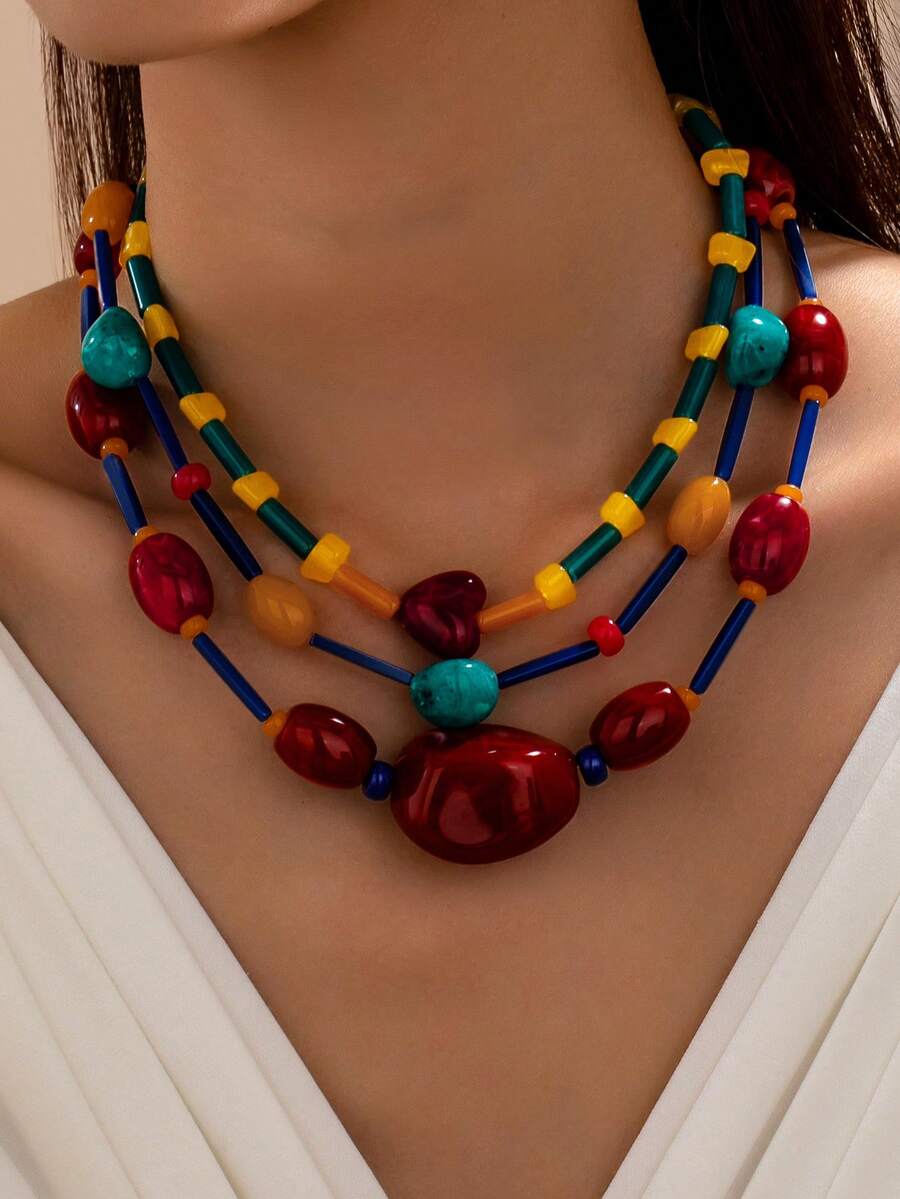 1pc/3pcs Bohemian Multi-Layer Color Block Beaded Necklace, Vintage , Travel Photography Outfit, Personalized Collarbone Neck Accessory - Beaded Necklace - View 1