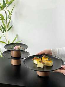 1pc Stainless Steel Cake Stand With Wooden Base, Dessert Display Plate, Multi-Functional Fruit Tray, Suitable For Table Decoration, Home And Kitchen Dining Plate, Ramadan Use - Black - View 3