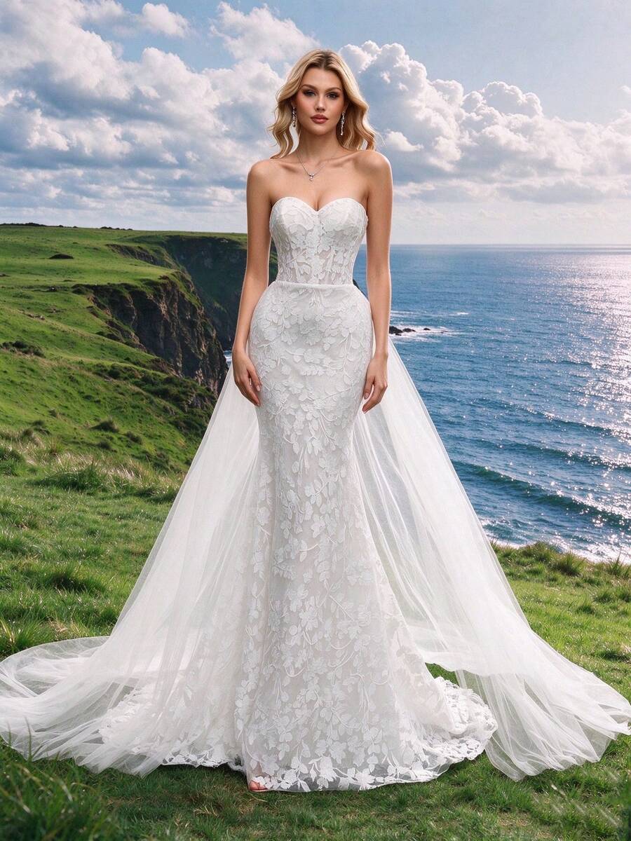 Women's Strapless Luxury Wedding Dress, French Mermaid Style, Adorned With Delicate Lace Embroidery, Perfect Choice For Wedding Reception White Fall