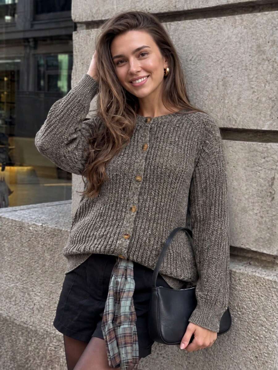 Women's Plus Size Warm Knitted Cardigan Sweater Long Sleeve Button Casual Top - Brown - View 1