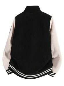 Women's Spring/Autumn American Retro Colorblock Lamb Fleece Baseball Jacket, Loose Fit Stand Collar Zipper Fleece Coat, Heavy Embroidery Patch Thick Warm Jacket - Black and White - View 5