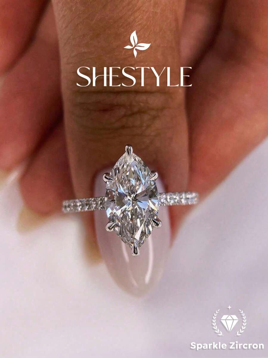 1pc Classic Marquise Cut Solitaire Engagement Ring, Hidden Halo Wedding Band, Elegant Proposal Ring