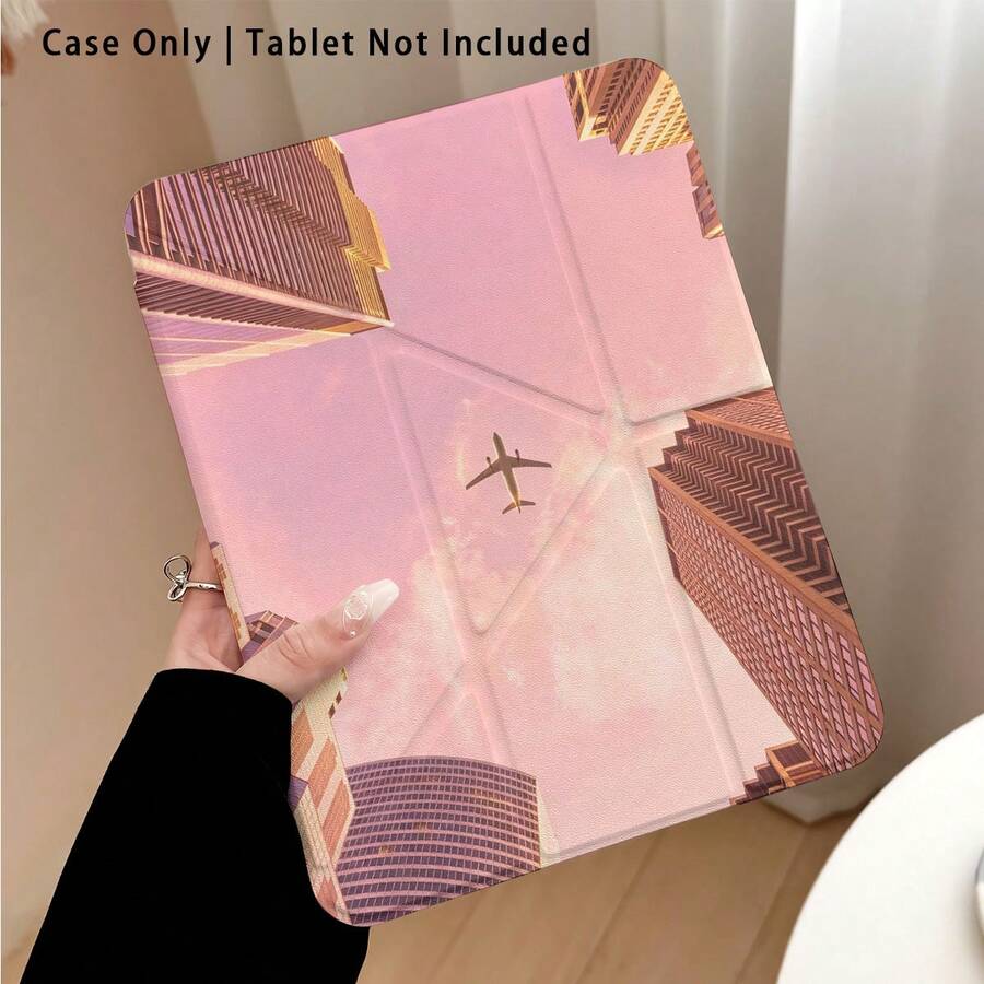 Airplane And Skyscraper Pattern Painted Effect Tablet Protective Case With Stand, Compatible With Honor 8/9/10/X8/X8A/X9/X8Pro/X9Pro, MatePad SE 11 Inch/MatePad 11 Inch/11.5 Inch, MatePad Pro, Apple 10th/11th Gen 2025 (A16), Galaxy Tab A7/A9 And Other Popular Models