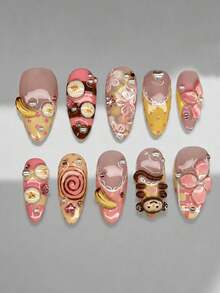 10pcs Y2K French Gradient Wearable Nails, Medium Almond Shape, Autumn Style, 3D Monkey Banana Cute Flower Rhinestone Design, Fashion Glossy Full Coverage Fake Nails, Suitable For Women And Girls Daily Wear, Parties And Other Occasions - Multicolor - View 1