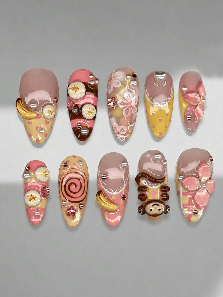 10pcs Y2K French Gradient Wearable Nails, Medium Almond Shape, Autumn Style, 3D Monkey Banana Cute Flower Rhinestone Design, Fashion Glossy Full Coverage Fake Nails, Suitable For Women And Girls Daily Wear, Parties And Other Occasions - Multicolor - View 1