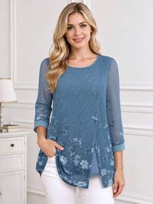 CheersLife Women's 3/4 Sleeve Cinched Waist Top, Casual Loose Fit, Printed Shirt, Tulip Hem Design With Mesh Overlay - Mint Blue - View 1