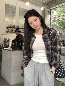 Korean Style Versatile Retro Plaid Long Sleeve Shirt - Grey - View 2