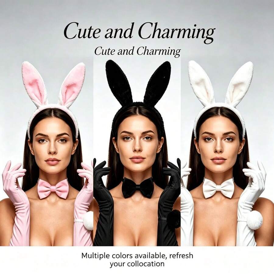 New Hot-Selling Fashion Versatile Sexy Cute Rabbit Ears Plush Headband/Gloves/Bowtie/Tail 5-Piece Set - Suitable For Halloween, Valentine's Day, Easter, Party, Nightclub, Couples Flirting, Role Play, Performance Accessory Combination Set - Multicolor - View 1